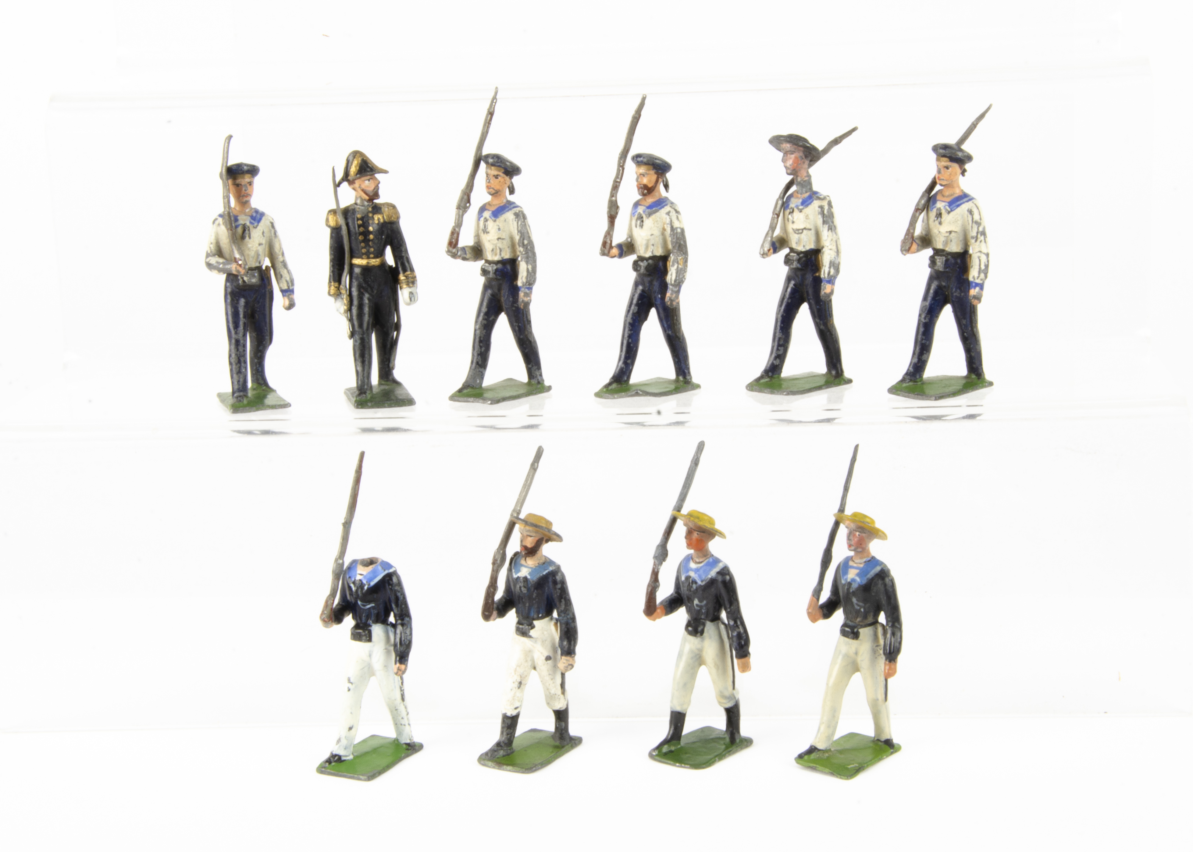 Noris 60mm marching German sailors, complete with officer, but not a matching set, generally G,
