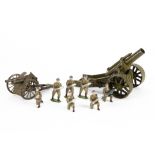 Britains loose set 1730 Royal Artillery Gunners, pre-WW2 7 piece version, with an 18 inch field