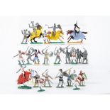 A selection of Timpo knights including Swoppet Crusaders on foot (21) and mounted (1), a Helm