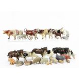 A lot of farm yard animals by Britains and others, horses (21), cows (44), Goats and donkeys (