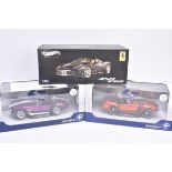 1:18 Scale Hotwheels Elite Ferrari and Solido AC Cobras, three boxed models Hotwheels Elite BCJ90