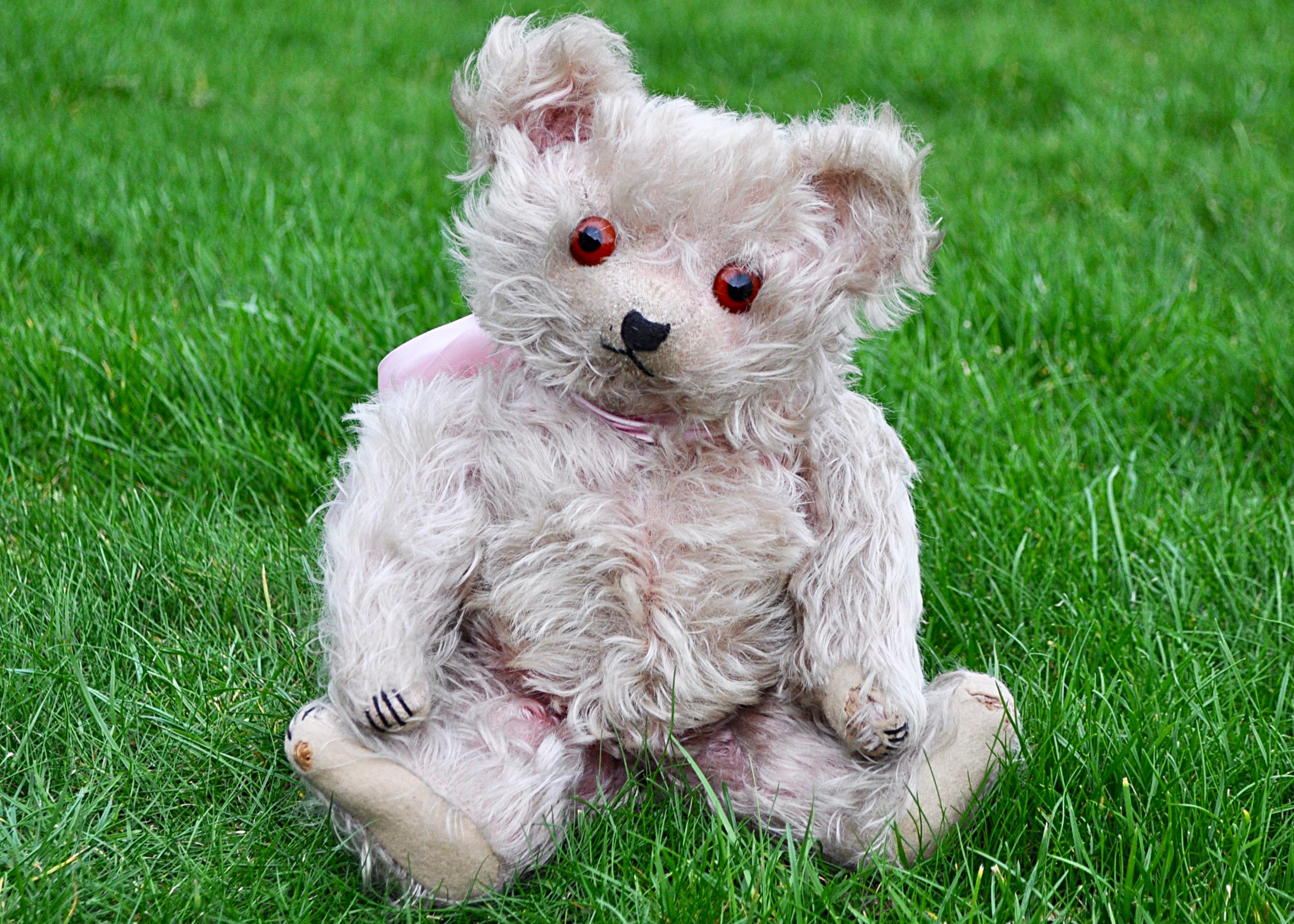 Miss Pinky a rare Moritz Pappe pink mohair musical teddy bear 1920s, with long curly mohair,