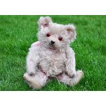 Miss Pinky a rare Moritz Pappe pink mohair musical teddy bear 1920s, with long curly mohair,