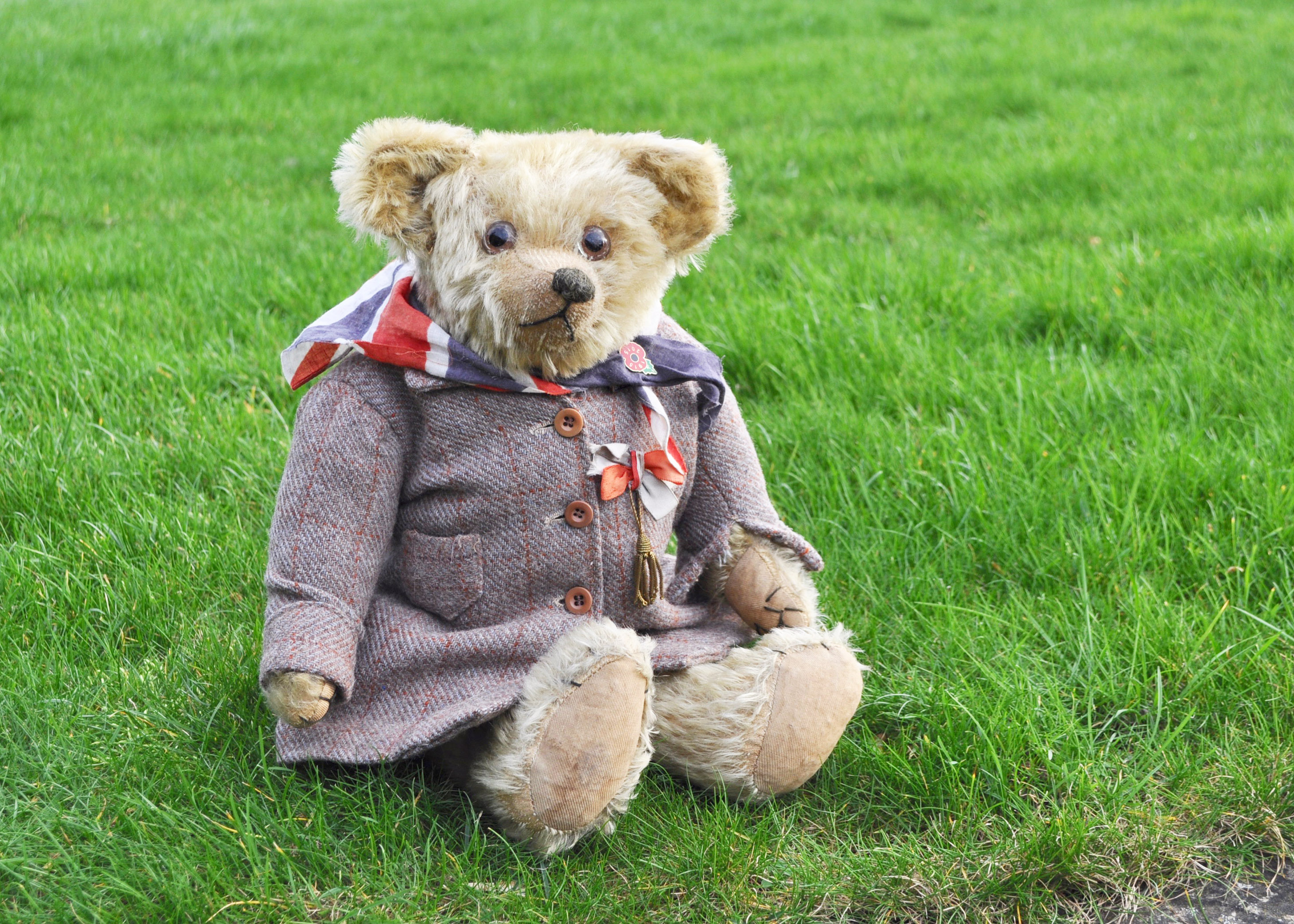 Jolyon a Terry type teddy bear circa 1915, with blonde mohair, clear and black glass eyes with brown