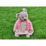 Lily Lilac a German lilac mohair teddy bear 1930s, with clear and black glass eyes with remains of