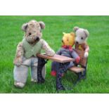 Three unjointed 2nd world war teddy bears, Cowboy a British artificial silk blush teddy bear with