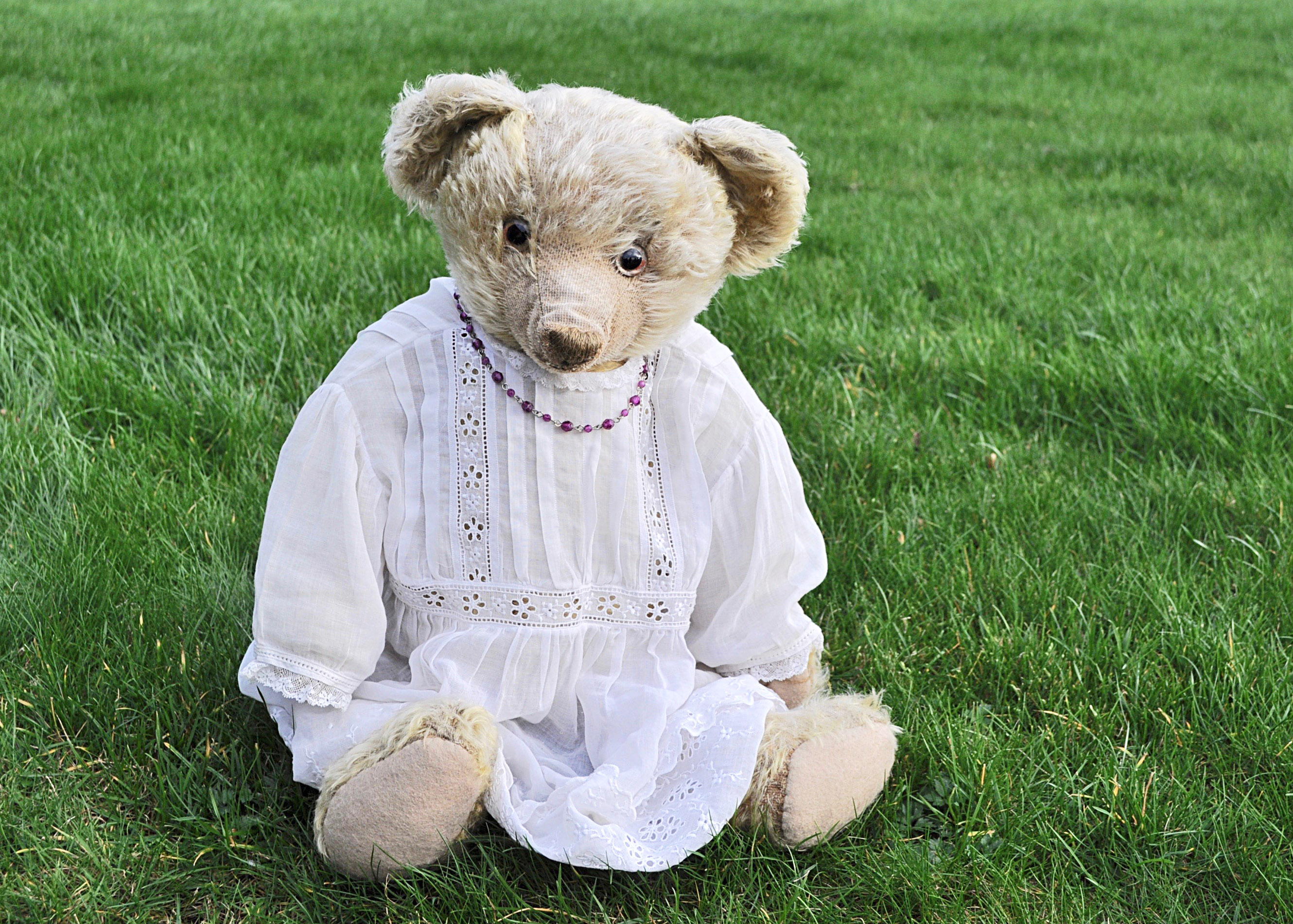 Tallulah' a Terry type teddy bear circa 1915, with blonde mohair, clear and black glass eyes with