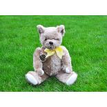 Smokey a fine Pedigree teddy bear 1960s, with beige synthetic plush, orange and black plastic