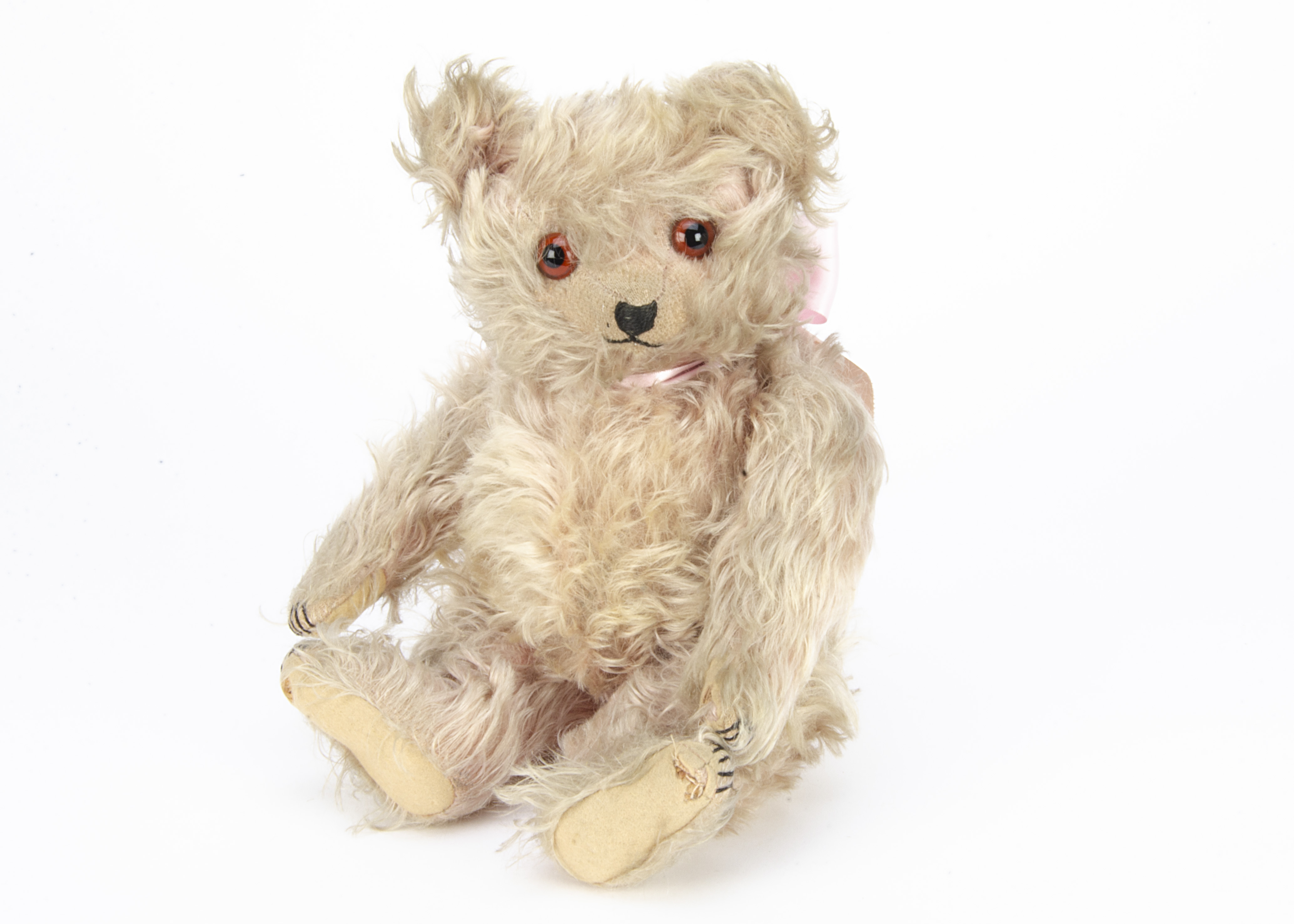 Miss Pinky a rare Moritz Pappe pink mohair musical teddy bear 1920s, with long curly mohair, - Image 2 of 2