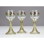 A set of three German Art Nouveau hock glasses in the Theresienthal style, the bowls with painted
