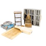 A collection of kitchenware, including a Grushbrooke of Smithfield wooden chopping block, a three