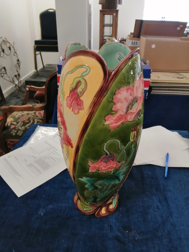 A French Longchamp Terre Defer majolica Art Nouveau ovoid vase, with moulded decoration of pink - Image 5 of 9