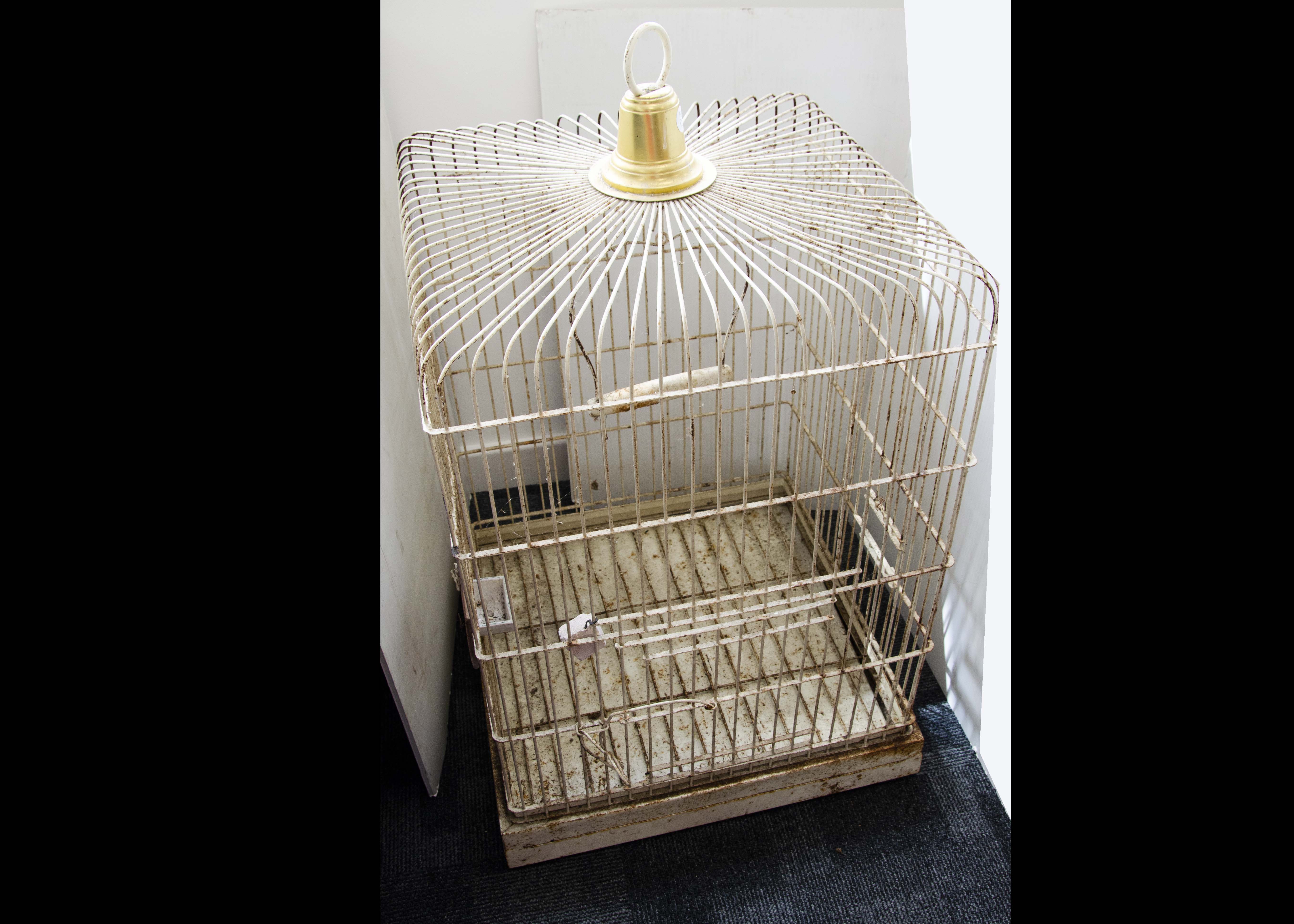 A large mid Century parrot cage, the wirework cage painted in white with simulated brass top, of