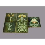 A five tile Henry Richards picture set, of daffodil design, against a green ground, 15cm square