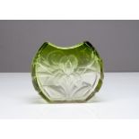 A Moser cut glass flattened ovoid vase, in a green to colourless colourway, the cut decoration of