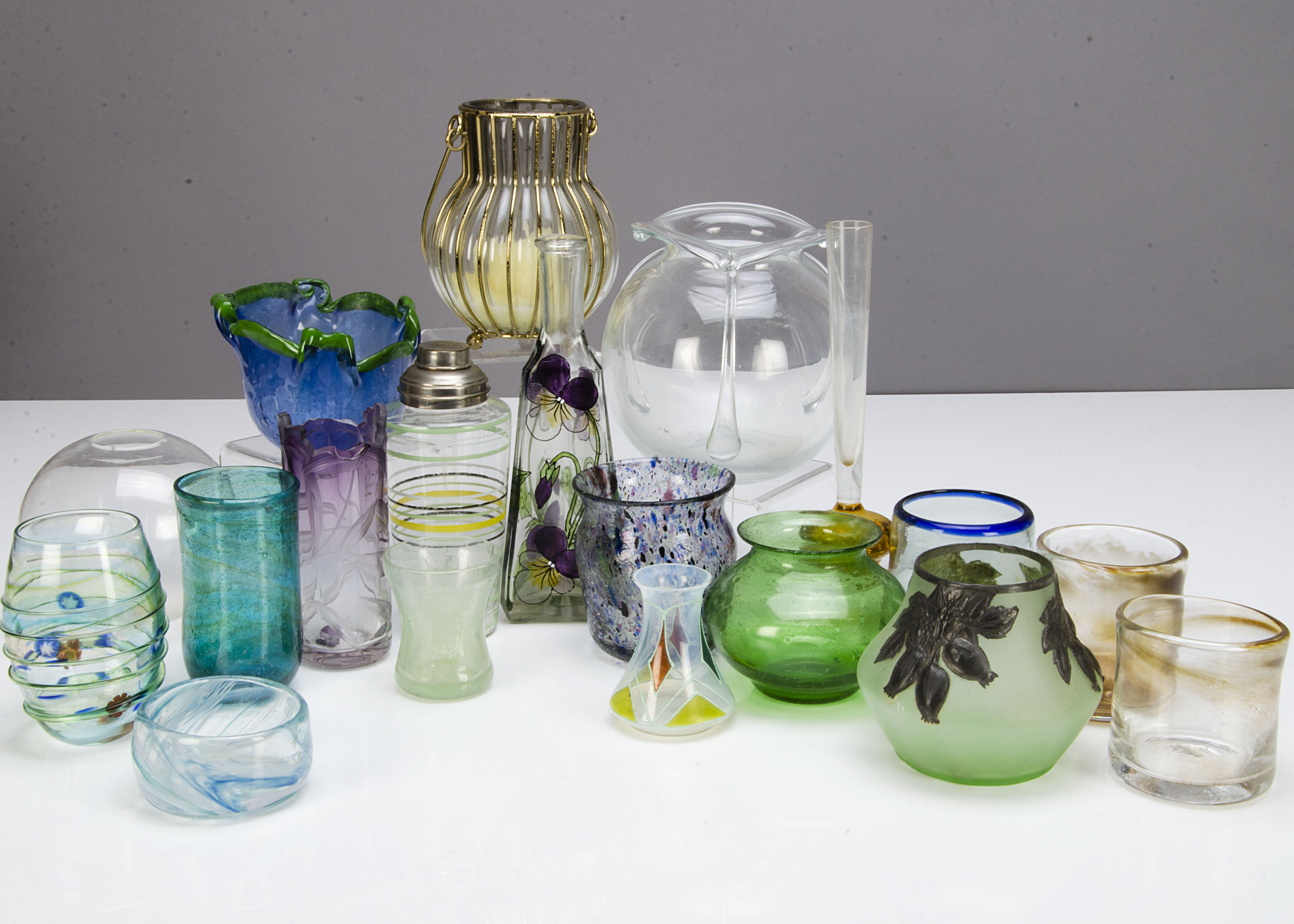 A collection of contemporary glassware, including a painted glass cocktail shaker, various hand - Image 2 of 2