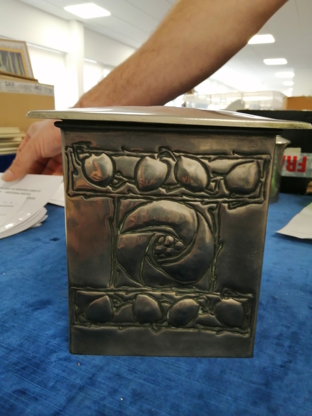 A Scottish school influenced pewter and tin biscuit box, with cushion shaped hinged lid, the - Image 6 of 9