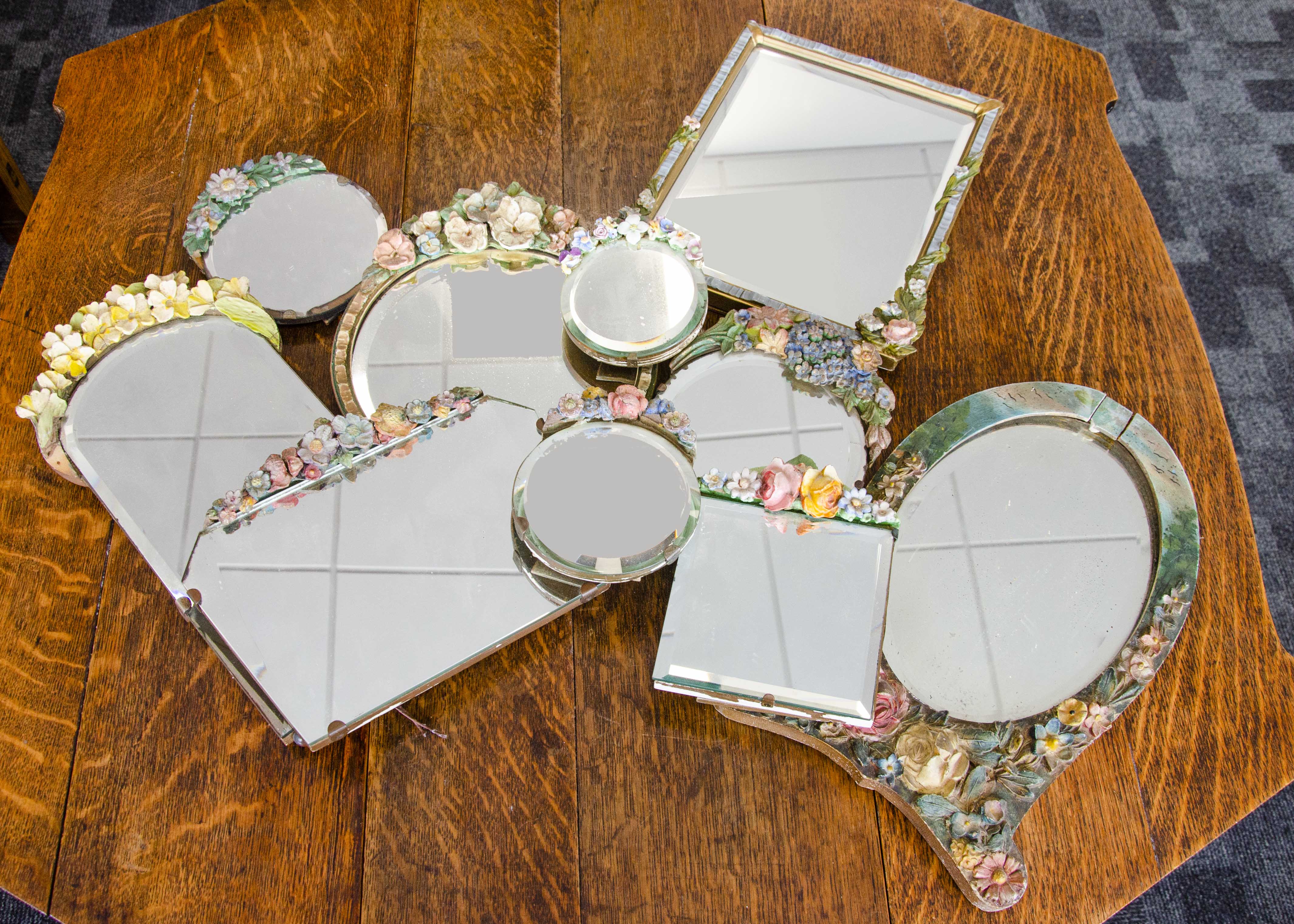 A collection of Art Deco floral Barbola dressing table mirrors, of various shapes and sizes, - Image 2 of 2