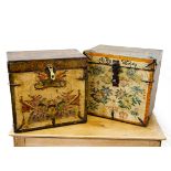 Two Thai decoupage hinged boxes, with iron mounts decorated with flowers to one and the other with