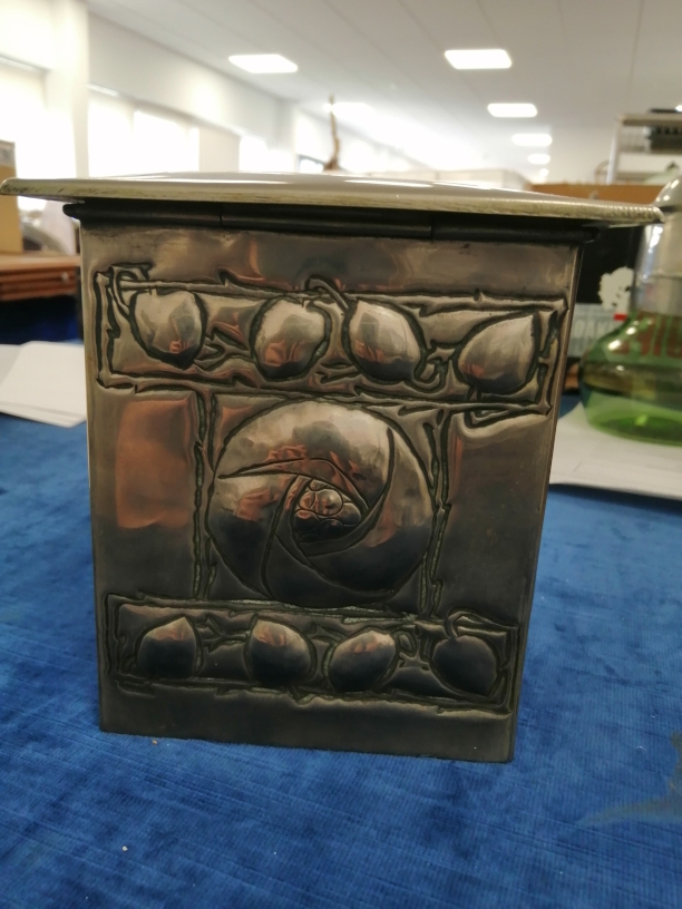 A Scottish school influenced pewter and tin biscuit box, with cushion shaped hinged lid, the - Image 7 of 9