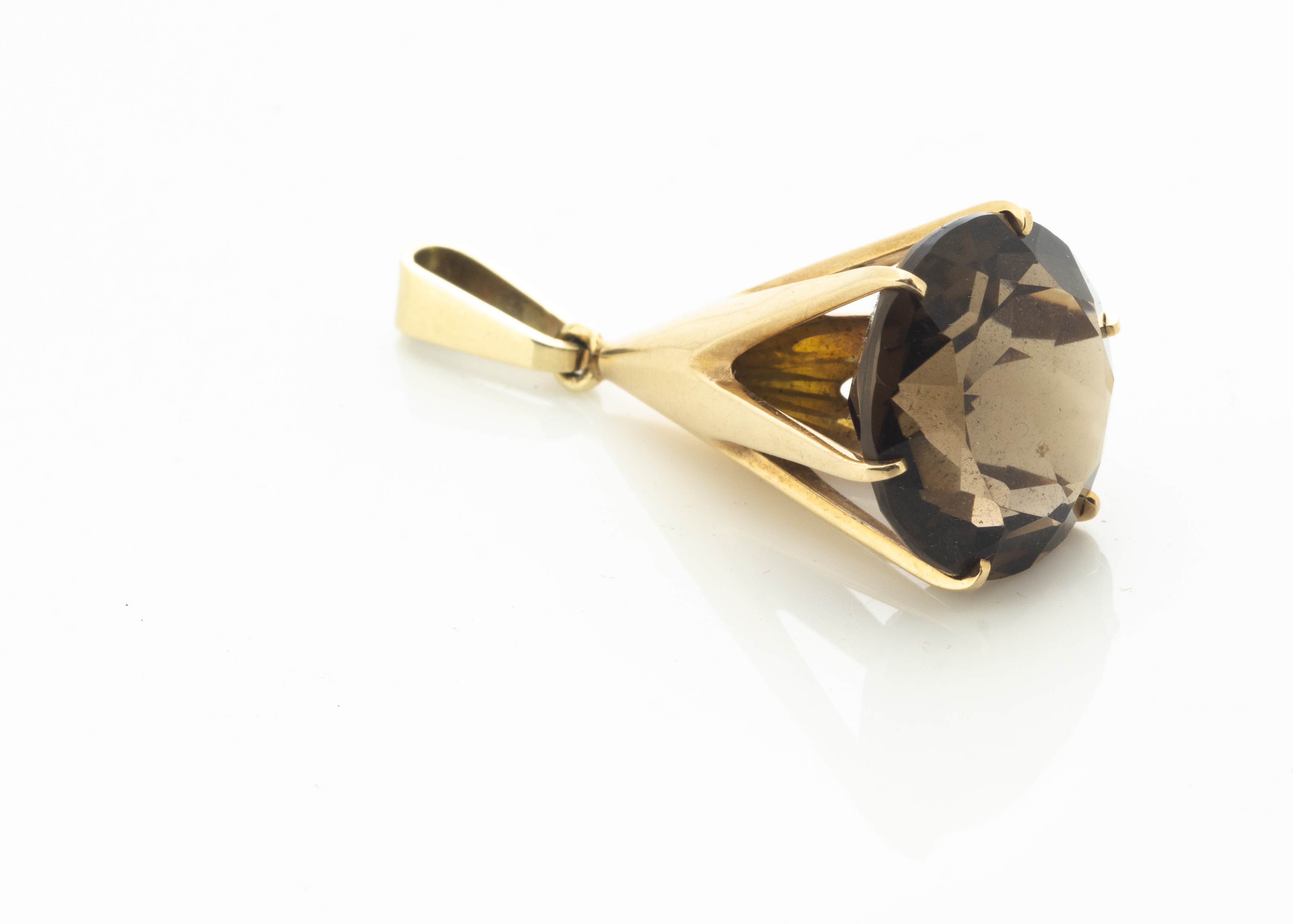 A modernist Finnish 14ct gold and smoky quartz stylised fob pendant, the conical setting - Image 2 of 5