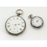 A continental lady's open faced fob watch, the white face with black Arabic Numerals with