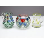 A large Art Deco bulbous floral decorated glass centre piece, with blue, red and white flowers, 18cm