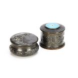 An Art Nouveau pewter and sycamore wood Ruskin mounted cylindrical string box, the lift off lid with