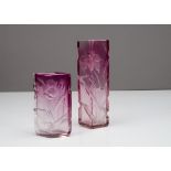 Two Moser glass vases, one of square form in a light cranberry colourway tapering to an almost