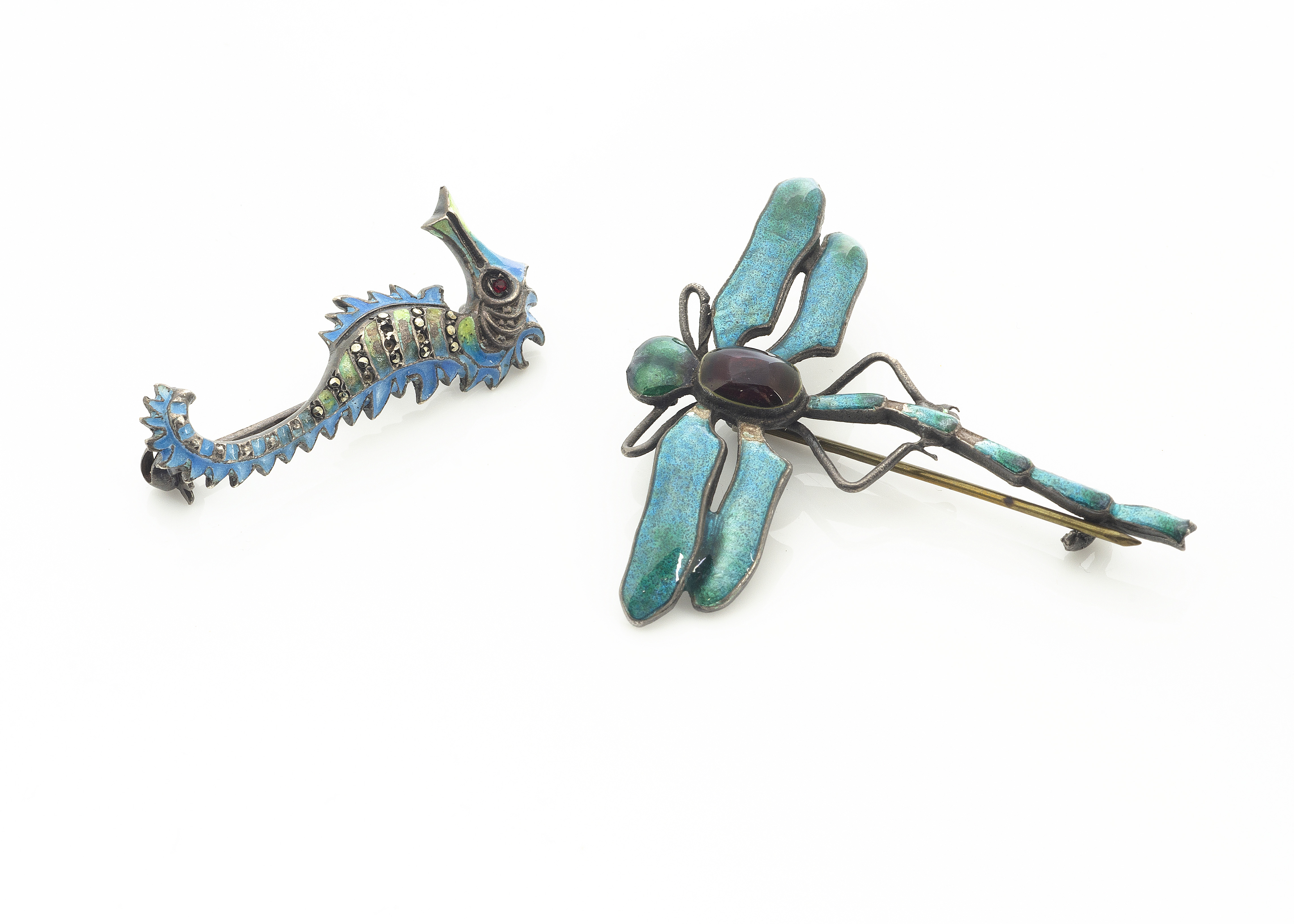 A continental silver and enamel dragonfly brooch, with red enamel abdomen and blue/green wings and - Image 2 of 2