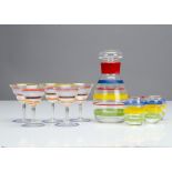 An Art Deco coloured glass cocktail set, including cocktail shaker, 20cm high and four beakers all