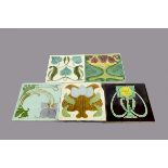 A collection of five British Art Nouveau tiles, relief moulded floral design, two by Malkin, another