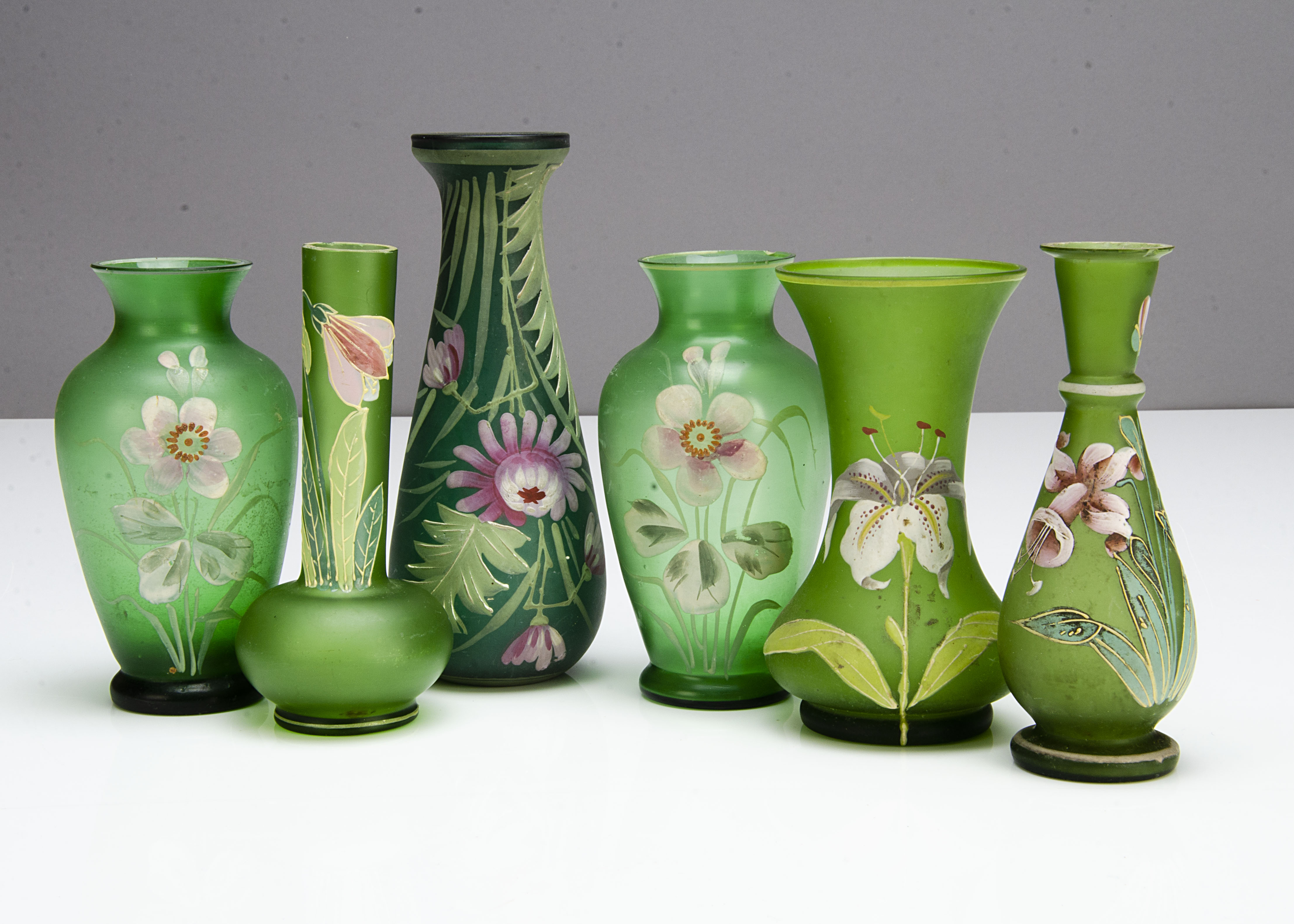 Six Art Nouveau green glass vases, all with painted decoration including a pair of ovoid vases - Image 2 of 2