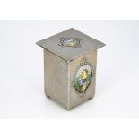 A continental Art Nouveau pewter and enamel tea caddy, of square form with hinged lid with central