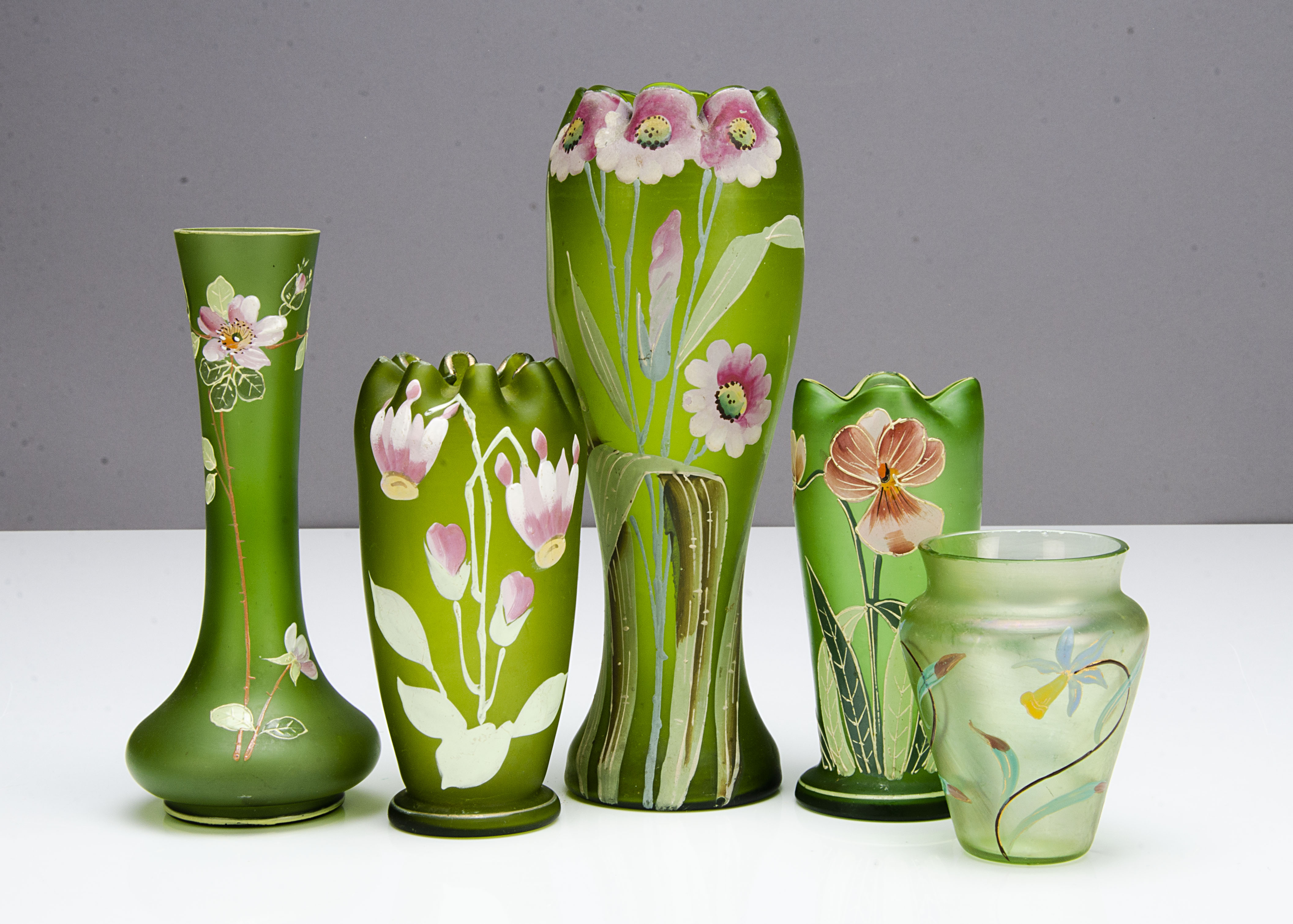 Five green continental Art Nouveau glass vases, all painted with floral design comprising a large - Image 2 of 2