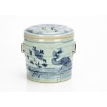 A Chinese porcelain blue and white cylindrical jar and cover, the cylindrical base of stepped form