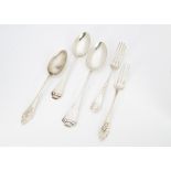 Two Danish white metal planished spoons, the ovoid bowls and slender stems with tapering