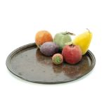 A collection of Art Deco felt faux fruit, including a peach, apple, pear, plum, strawberry, in a