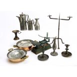 A collection of miscellaneous metalware, including brass and chafing dishes from the Middle East