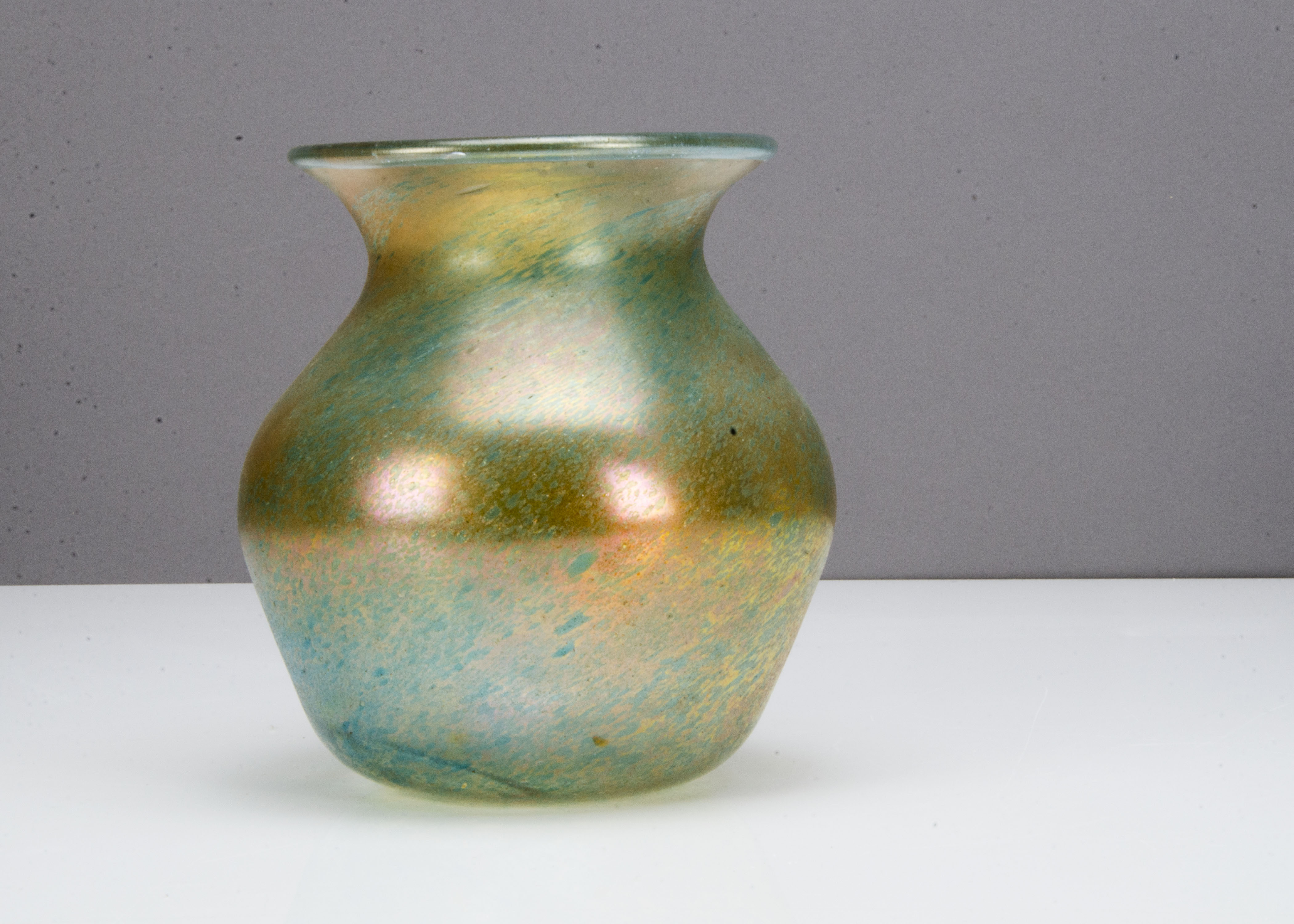 A continental iridescent ovoid vase, with sloping shoulders, waisted neck and splayed rim with an - Image 2 of 2