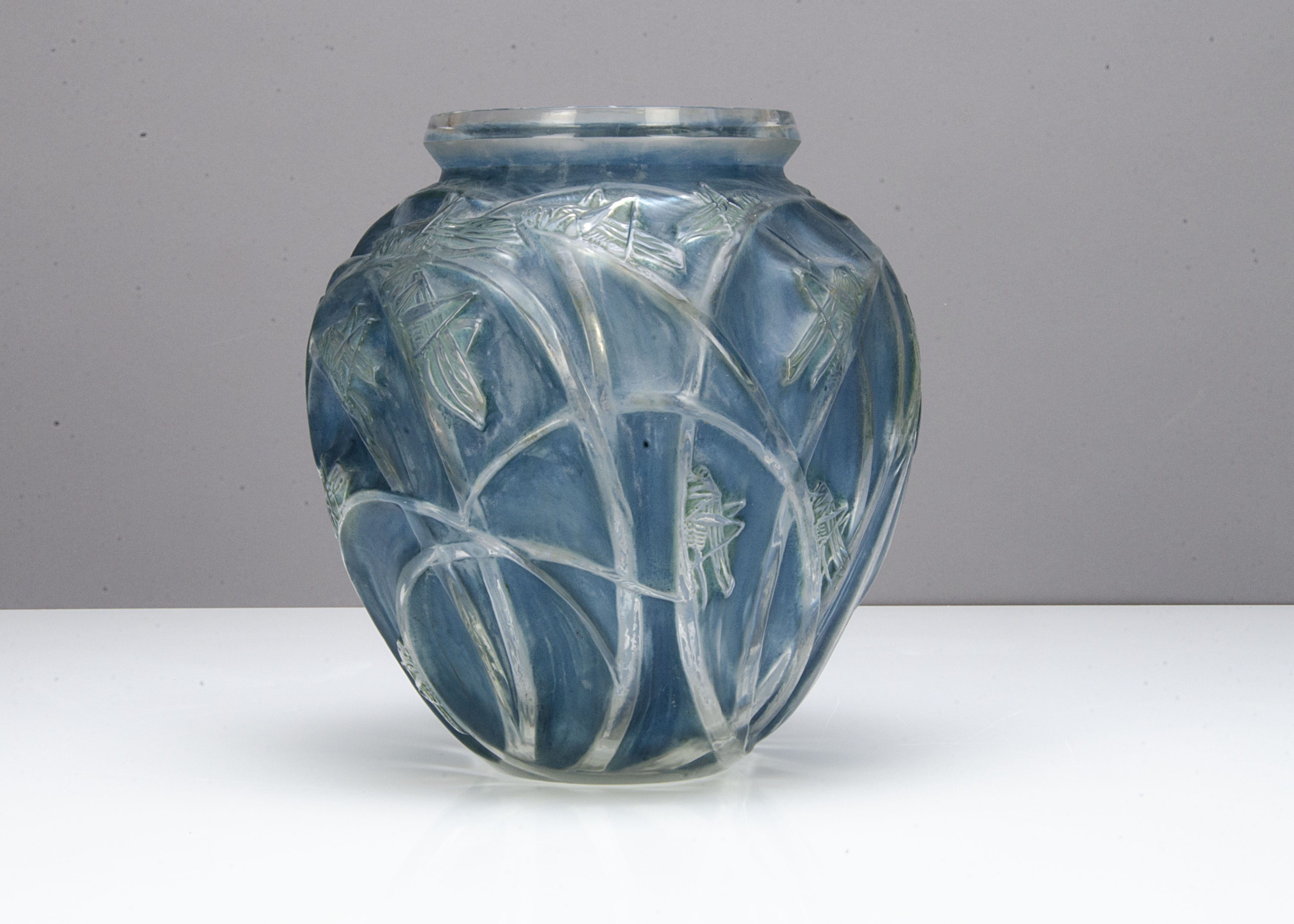 A Rene Lalique Sauterelles ovoid glass vase, frosted blue and green, catalogue number 888, ovoid