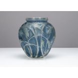 A Rene Lalique Sauterelles ovoid glass vase, frosted blue and green, catalogue number 888, ovoid