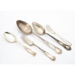 A collection of various continental silver plated Art Nouveau flatware, including spoons, forks,