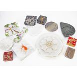 A collection of contemporary marble and alabaster decorative boxes, and various alabaster dishes