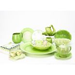 A collection of green Art Deco pottery, including a cabbage ware teapot, rectangular box and