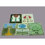 Five Minton Hollins & Co Art Nouveau tiles, all relief moulded stylised floral decoration, 15cm