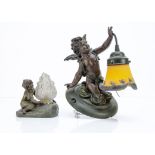 An Art Deco spelter table lamp, modelled as a young girl next to a flame, after O. Mednat, flame