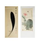 Two Chinese watercolour scrolls, one decorated with pink flower and dragonfly, image size 65cm x