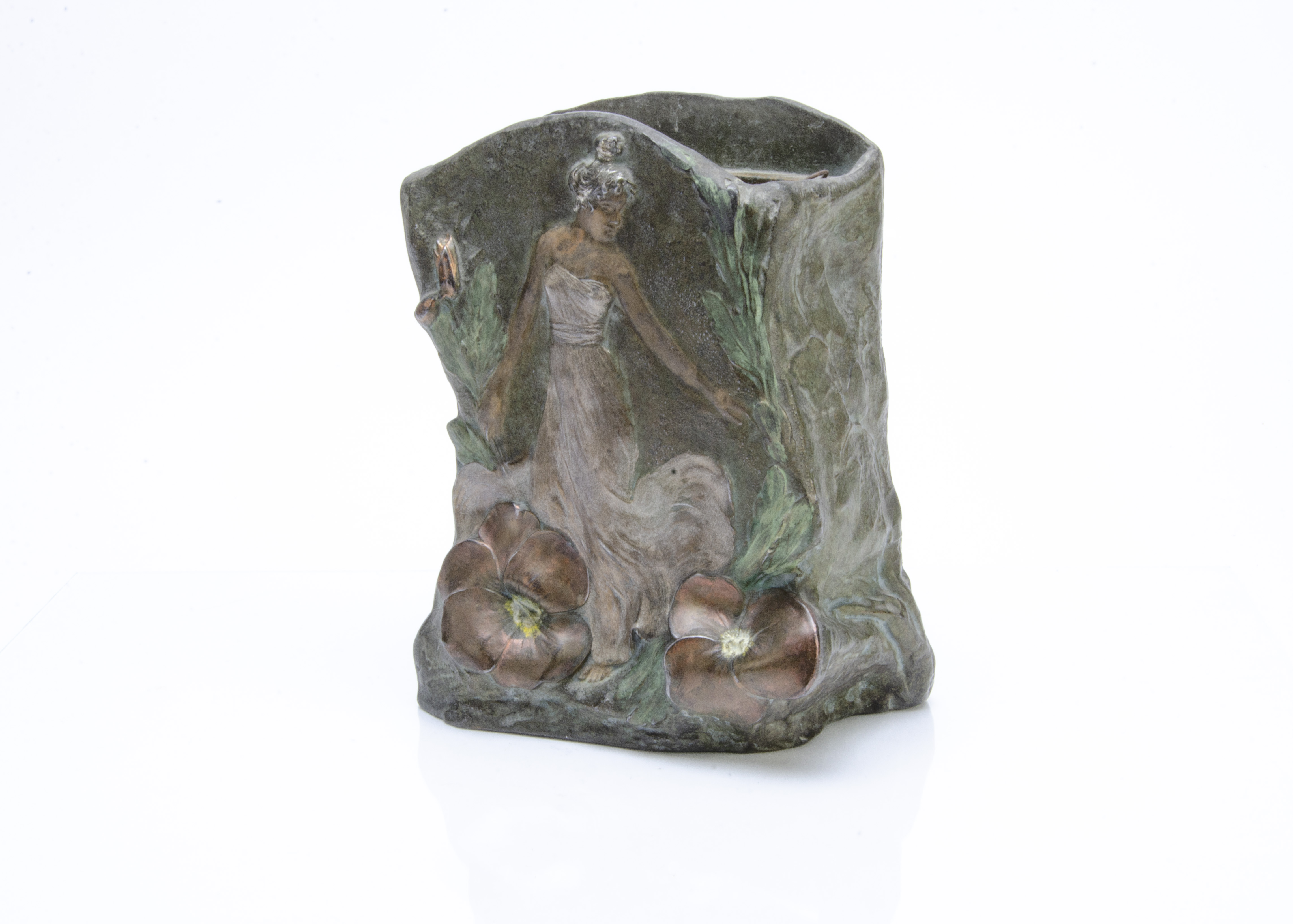 An Art Nouveau spelter painted figural square planter, the organic shape depicting a maiden within a - Image 2 of 2