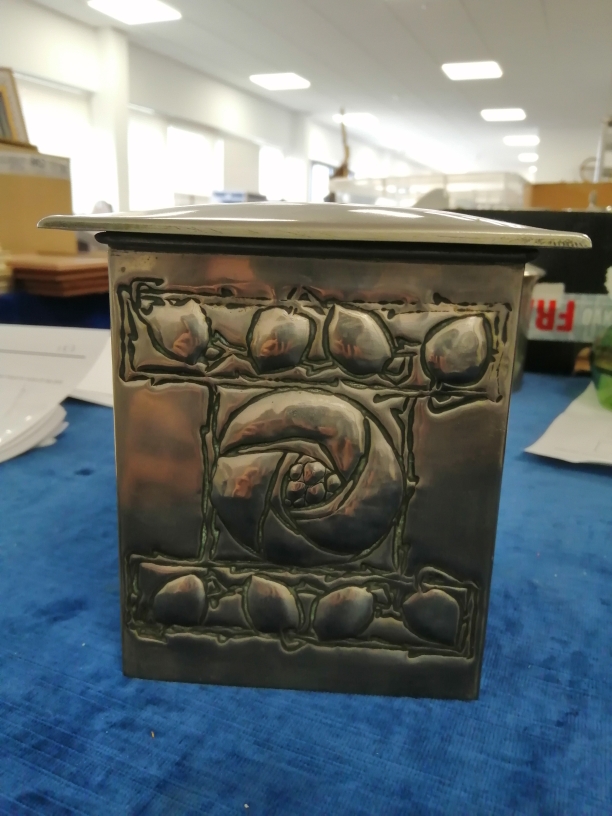 A Scottish school influenced pewter and tin biscuit box, with cushion shaped hinged lid, the - Image 5 of 9